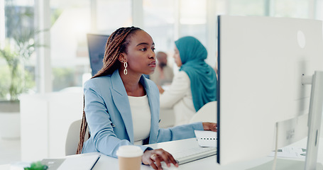 Image showing Documents, computer and business black woman in office for financial review, kpi analysis and company audit, tax or sales report. Accounting paperwork, focus corporate worker and finance job strategy