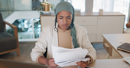 Image showing Muslim employee, woman and angry with documents with marketing statistics, frustrated and anxiety about project. Project management stress, paperwork mistake or fail with feedback problem and burnout