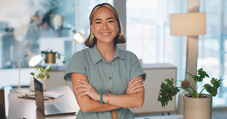 Image showing Face, business and woman arms crossed, smile and leader with confidence, advertising agency and modern office. Portrait, female employee and entrepreneur with corporate success, happy and management