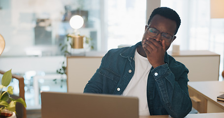 Image showing Sleeping, business man and tired web office worker with stress and burnout from project. Digital, black man and fintech agent working on a laptop for finance deadline feeling sleepy from online job