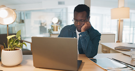 Image showing African businessman, headache and laptop working in office for deadline, tech documents or report planning burnout. Black corporate man, head pain and stress, fatigue or tired with tech device glitch