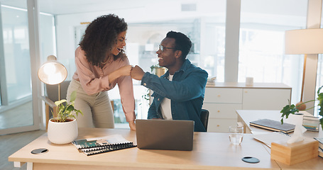 Image showing Teamwork, success and business people fist bump for laptop learning, training and problem solving. Happy, celebration and winner hand sign of marketing women and manager on solution, goals or mission