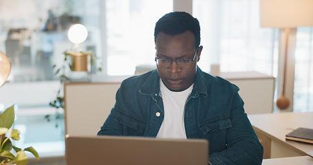 Image showing Thinking, data analysis or business black man with computer for company growth, social network or marketing SEO target review. Innovation, startup or manager with tech for social media analytics targ