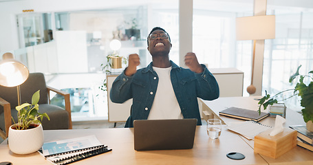 Image showing Success, laptop and winner with business black man in office for deal, growth or stock market target. Wow, goals and good news with fist of employee for achievement, future or sale on trading idea