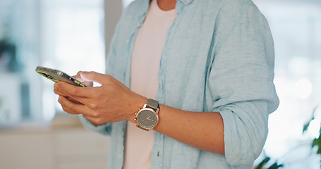 Image showing Businessman, phone and texting in communication for social media, networking or chatting at the office. Hands of employee man typing on mobile smartphone for conversation, discussion or browsing