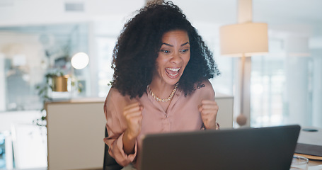 Image showing Celebration, happy and business woman in the office reading good news for job promotion on her laptop. Winner, happiness and professional female employee celebrate success in the workplace in Mexico.