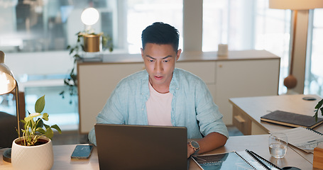 Image showing Thinking, data analysis or business asian man with computer for company growth, social network or marketing SEO target review. Innovation, startup or manager with tech for social media analytics targ