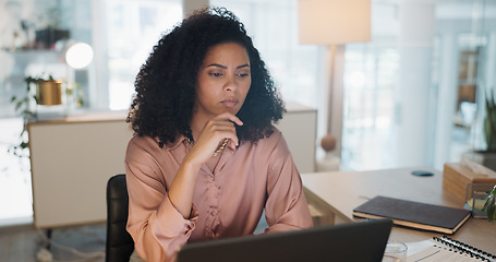 Image showing Thinking, data analysis or business woman with computer for company growth, social network or marketing SEO target review. Innovation, startup or manager with tech for social media analytics target