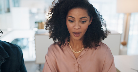 Image showing Surprise, happy and black business woman in the office reading office news for job promotion on her laptop. Winner, happiness and professional female employee shocked in the workplace in Mexico.