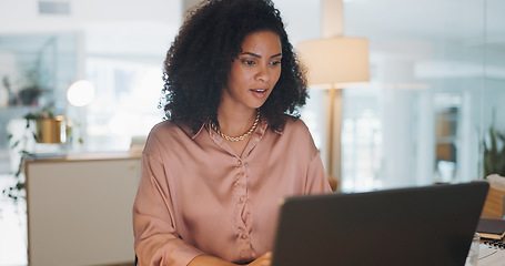 Image showing Thinking, data analysis or business black woman with computer for company growth, social network or marketing SEO target review. Innovation, startup or manager with tech for social media analytics ta