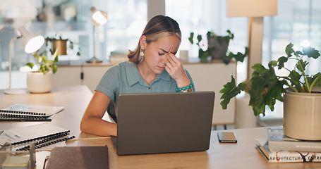 Image showing Tired, headache and call center woman tired, fatigue or depression problem in telemarketing sales career. Mental health risk, sad or depressed consultant, financial advisor or telecom agent worker