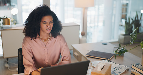 Image showing Laptop, business and black woman stress, tired or headache in office fatigue, anxiety or depression. Sad, depressed and mental health risk of digital, online worker or employee burnout and crisis