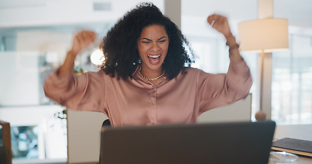 Image showing Celebration, happy and business woman in the office reading good news for job promotion on her laptop. Winner, happiness and professional female employee celebrate success in the workplace in Mexico.