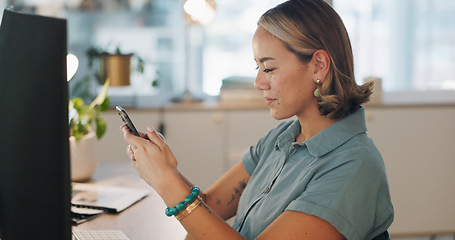 Image showing Phone, social network or business woman in office for comic social media, networking or comic blog content. Tech, happy or manager with smile on smartphone for analytics, planning or communication