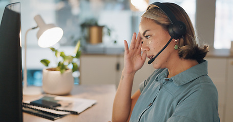 Image showing Tired, headache and call center woman tired, fatigue or depression problem in telemarketing sales career. Mental health risk, sad or depressed consultant, financial advisor or telecom agent worker