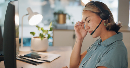 Image showing Tired, headache and call center woman tired, fatigue or depression problem in telemarketing sales career. Mental health risk, sad or depressed consultant, financial advisor or telecom agent worker