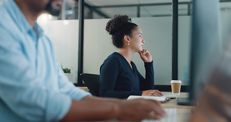 Image showing Computer, office and business woman reading a blog with research for a project in the office. Corporate, pc and professional female employee working on a company report on a desktop in the workplace.