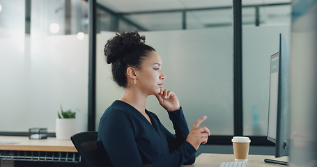 Image showing Computer, office and business woman reading a blog with research for a project in the office. Corporate, pc and professional female employee working on a company report on a desktop in the workplace.