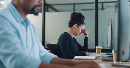 Image showing Stress, headache and business woman with burnout from online work, sad email and frustrated on a computer. Glitch, anxiety and employee tired of professional mistake, website and fatigue on a pc