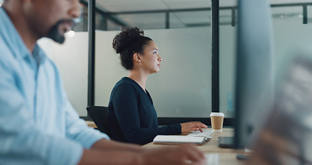 Image showing Business, woman and typing in office, focus or digital marketing for company deal, sales growth and admin. Man, employee or administrator with computer, search online or corporate worker in workplace