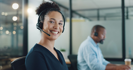 Image showing Face, business and woman in call center, telemarketing and customer support in office. Portrait, female agent or consultant with headset, conversation or consulting for digital marketing, crm or help