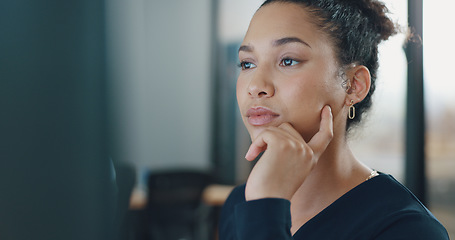 Image showing Call center, customer service and woman in office thinking while consulting. Telemarketing, customer support and female consultant, sales agent or employee reading on computer and working on ideas.