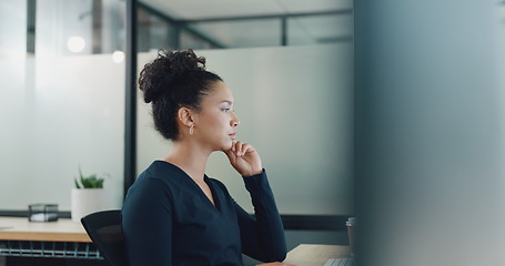 Image showing Computer, office and business woman reading a blog with research for a project in the office. Corporate, pc and professional female employee working on a company report on a desktop in the workplace.