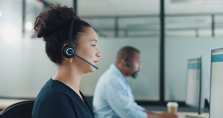 Image showing Call center, customer service and woman in office thinking while consulting. Telemarketing, customer support and female consultant, sales agent or employee reading on computer and working on ideas.a