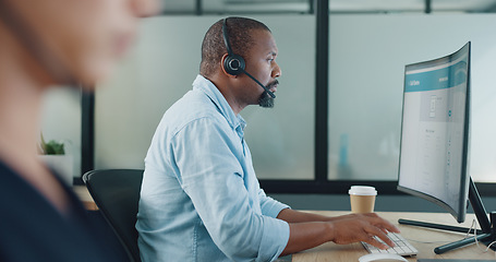 Image showing Business, black man and call center for customer service, telemarketing and typing in office. Agent, consultant and African American male with computer, digital marketing, help and online support.