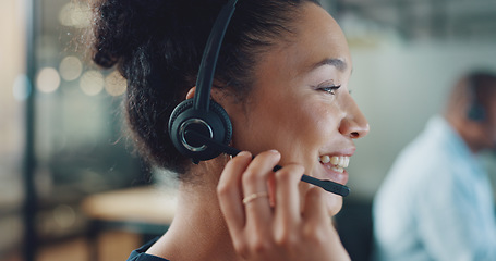 Image showing Call center, customer service and woman in office thinking while consulting. Telemarketing, customer support and female consultant, sales agent or employee reading on computer and working on ideas.a