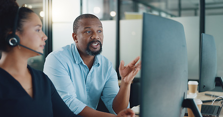 Image showing Call center, training and communication with boss in office for expert guidance, help and advice. Black people talking at online customer service consulting company for professional work feedback.