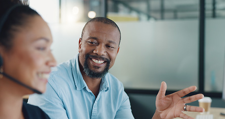 Image showing Call center, training and communication with boss in office for expert guidance, help and advice. Black people talking at online customer service consulting company for professional work feedback.