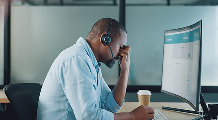 Image showing Call center, black man and headache on computer from stress, burnout and desktop glitch, pain and crisis. Frustrated telemarketing consultant tired of pc web problem, poor sales service and challenge