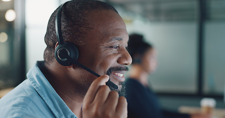 Image showing Black man, face and call center with communication and crm, contact us and phone call with client and headphone with microphone. Customer service, telemarketing and tech support with consultant help.