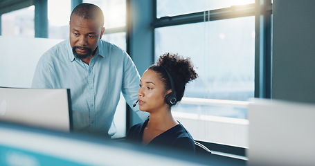 Image showing Call center, black man and training woman, telemarketing intern and crm customer service consultant on computer software in office agency. Business people, sales mentor and coaching for tech solution