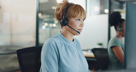 Image showing Call center, customer service and woman in office thinking while consulting. Telemarketing, customer support and female consultant, sales agent or employee reading on computer and working on ideas.