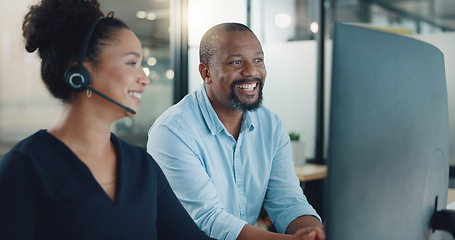 Image showing Call center, black man and training woman, telemarketing intern and crm customer service consultant on computer software in office agency. Business people, sales mentor and coaching for tech solution