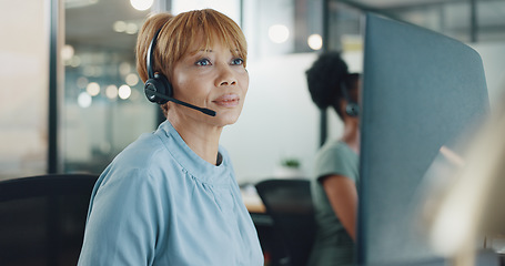 Image showing Call center, customer service and woman in office thinking while consulting. Telemarketing, customer support and female consultant, sales agent or employee reading on computer and working on ideas.