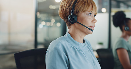 Image showing Call center, customer service and woman in office thinking while consulting. Telemarketing, customer support and female consultant, sales agent or employee reading on computer and working on ideas.