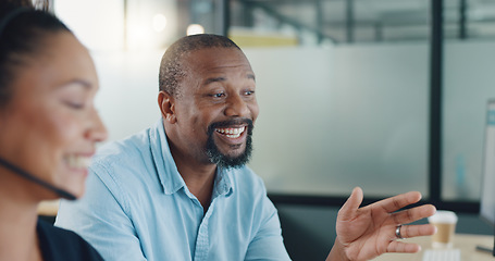 Image showing Call center, black man and training woman, telemarketing intern and crm customer service consultant on computer software in office agency. Business people, sales mentor and coaching for tech solution