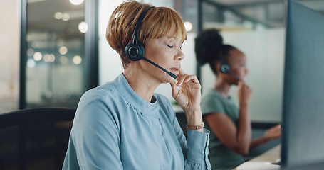 Image showing Business, call center and woman with stress, headache and customer support. Female agent, lady and consultant speaking, telemarketing and help with mental health, anxiety and consulting for ecommerce