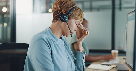 Image showing Business, call center and woman with stress, headache and customer support. Female agent, lady and consultant speaking, telemarketing and help with mental health, anxiety and consulting for ecommerce