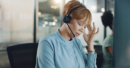 Image showing Business, call center and woman with stress, headache and customer support. Female agent, lady and consultant speaking, telemarketing and help with mental health, anxiety and consulting for ecommerce