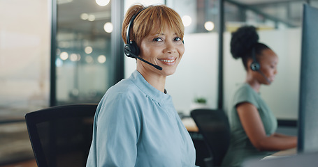Image showing Face, business and woman in call center, telemarketing and customer support in office. Portrait, female agent or consultant with headset, conversation or consulting for digital marketing, crm or help