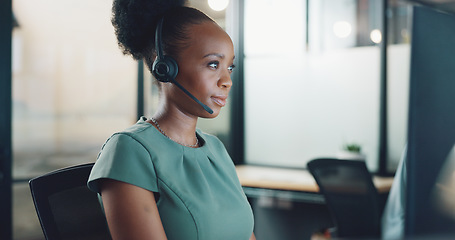 Image showing Face, business and woman in call center, telemarketing and customer support in office. Portrait, female agent or consultant with headset, conversation or consulting for digital marketing, crm or help