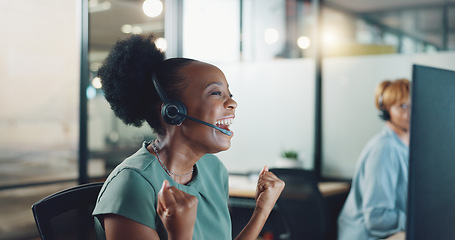 Image showing Black woman, fist celebration and telemarketing success for call center consultation, crm customer support and happiness in office. African woman, employee achievement and high five customer support