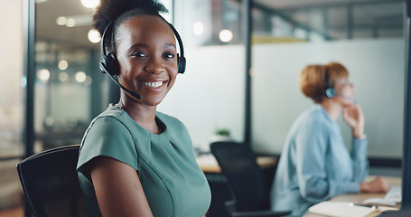 Image showing Face, business and woman in call center, telemarketing and customer support in office. Portrait, female agent or consultant with headset, conversation or consulting for digital marketing, crm or help