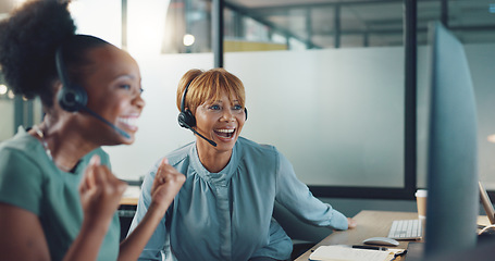 Image showing Black woman, fist celebration and telemarketing success for call center consultation, crm customer support and happiness in office. African woman, employee achievement and high five customer support