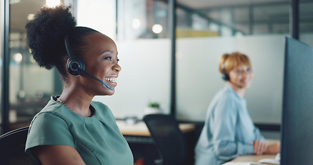 Image showing Face, business and woman in call center, telemarketing and customer support in office. Portrait, female agent or consultant with headset, conversation or consulting for digital marketing, crm or help