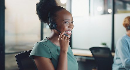 Image showing Face, business and woman in call center, telemarketing and customer support in office. Portrait, female agent or consultant with headset, conversation or consulting for digital marketing, crm or help